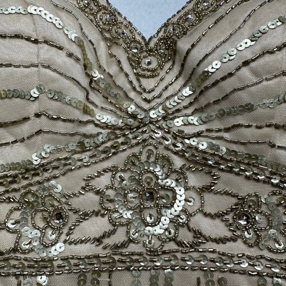 NWT Sue Wong Womens Champagne Column V-neck Empire Waist Gown Size 8 Style N3149 - Picture 7 of 16